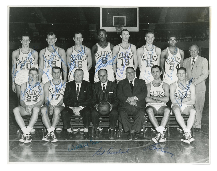 1957-58 BOSTON CELTICS TEAM SIGNED 8x10 VINTAGE TEAM PHOTOGRAPH INCL. ALL 11 PLAYERS, RED AUERBACH & WALTER BROWN - PSA/DNA AUTH. (ARNIE RISEN LOA, GALLAGHER COLLECTION)
